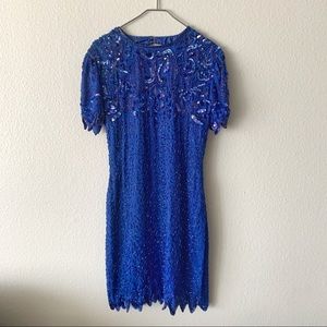 Vintage Beaded Sequin Royal Blue Dress Midi